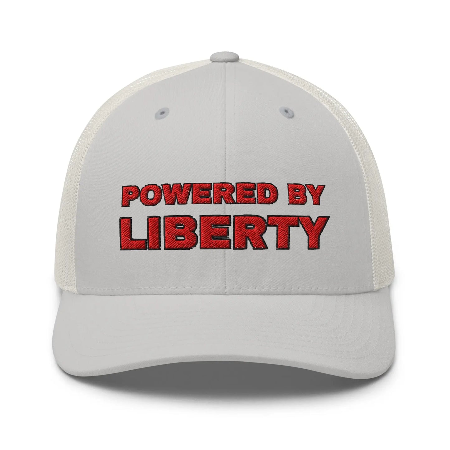 Mockup of "Powered by Liberty" cap – Red Embroidered Stitching on Snapback Mesh Trucker Cap for Men and Women