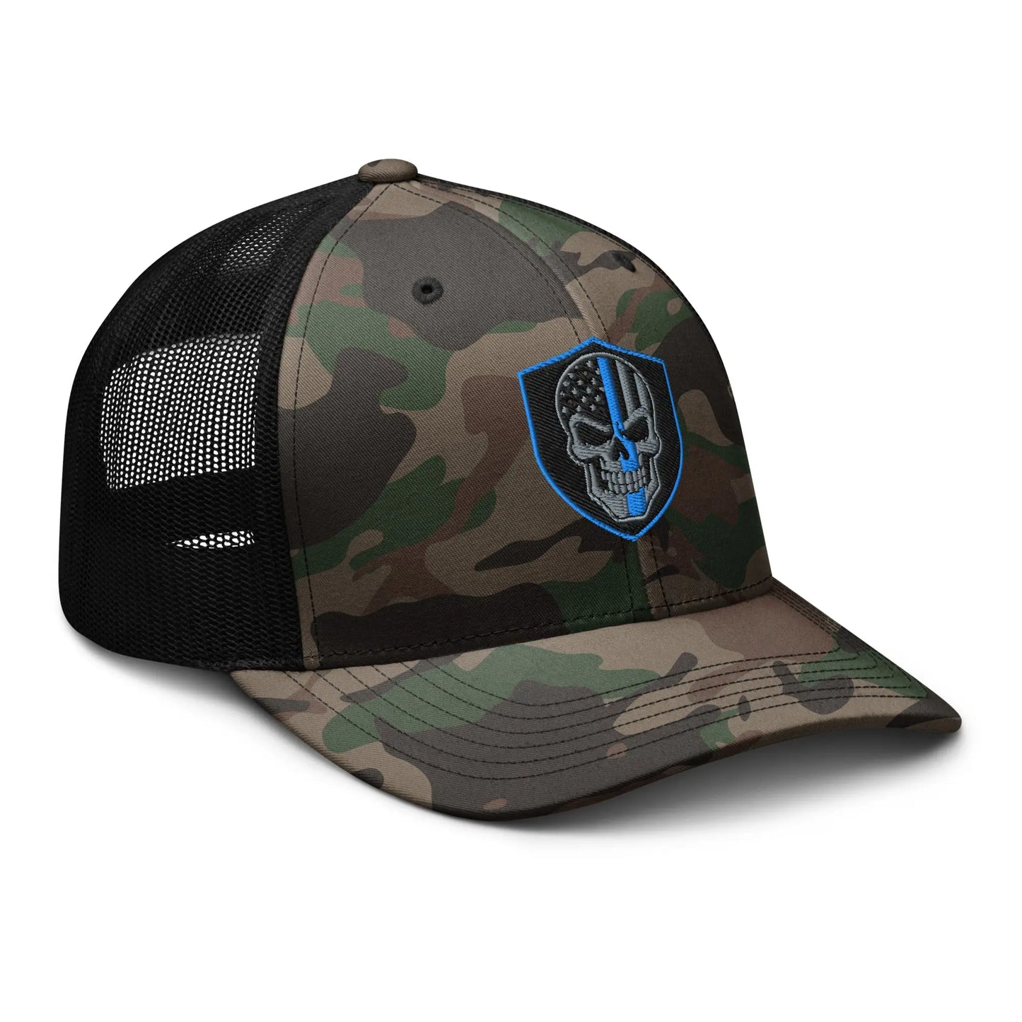 Hats  Snapback Custom Trucker Hats Back the Blue Line Skull Camo Patriotic Cap Infidel Collective