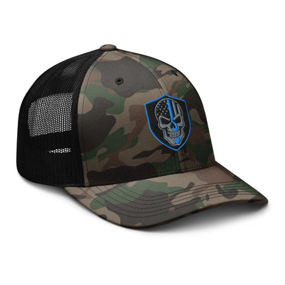 Hats  Snapback Custom Trucker Hats Back the Blue Line Skull Camo Patriotic Cap Infidel Collective