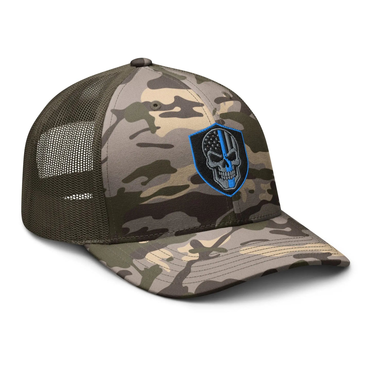 Hats  Snapback Custom Trucker Hats Back the Blue Line Skull Camo Patriotic Cap Infidel Collective