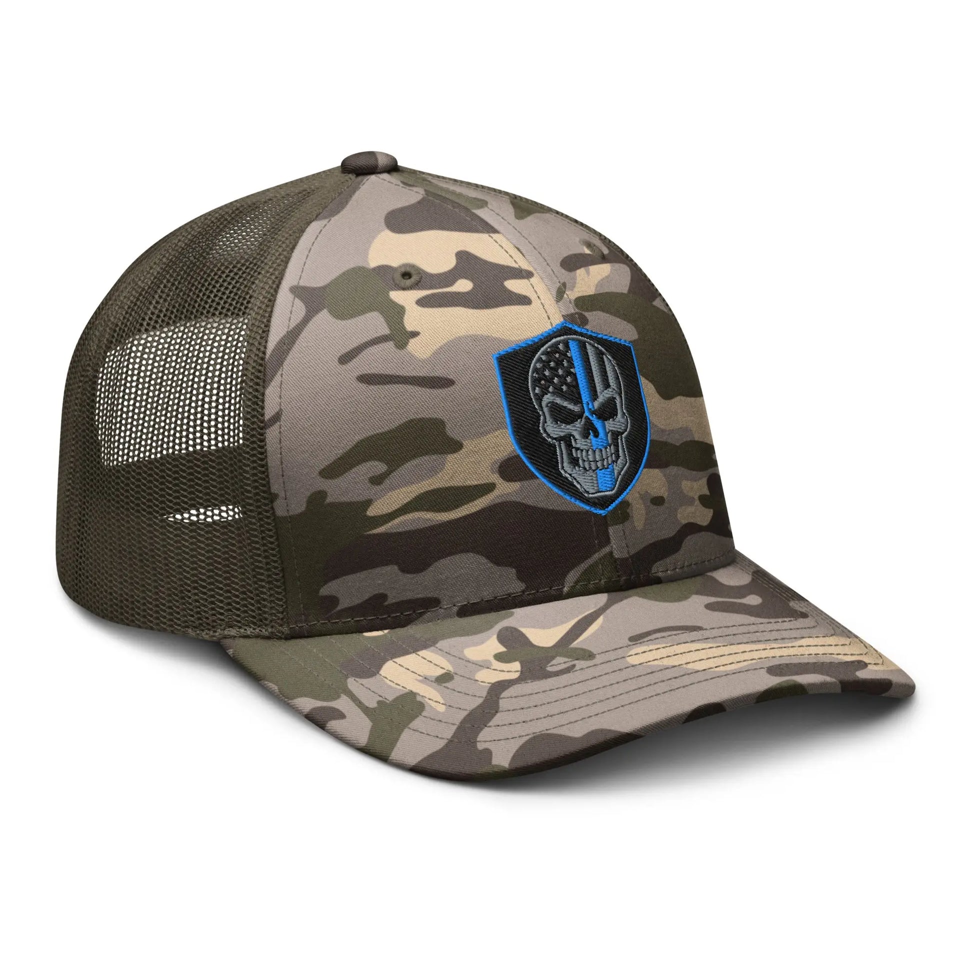 Hats  Snapback Custom Trucker Hats Back the Blue Line Skull Camo Patriotic Cap Infidel Collective