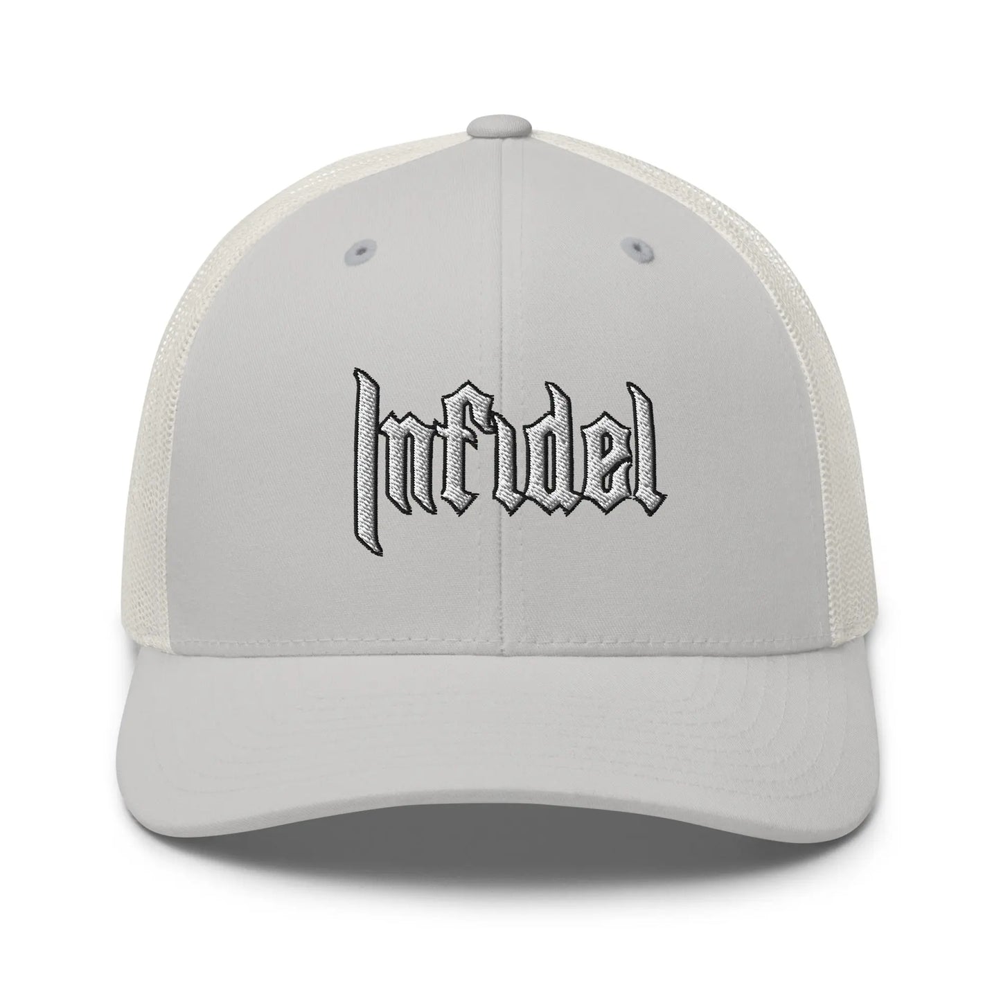 Product mockup of "INFIDEL" cap – Embroidered in white and black stitching on Snapback Mesh Trucker Cap for Men and Women