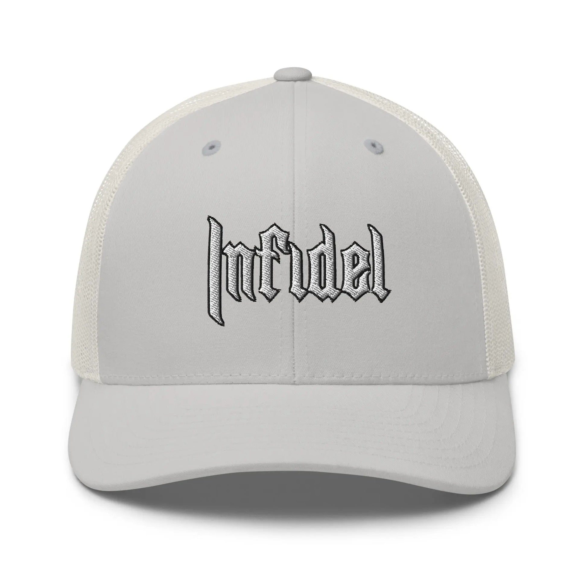 Product mockup of "INFIDEL" cap – Embroidered in white and black stitching on Snapback Mesh Trucker Cap for Men and Women