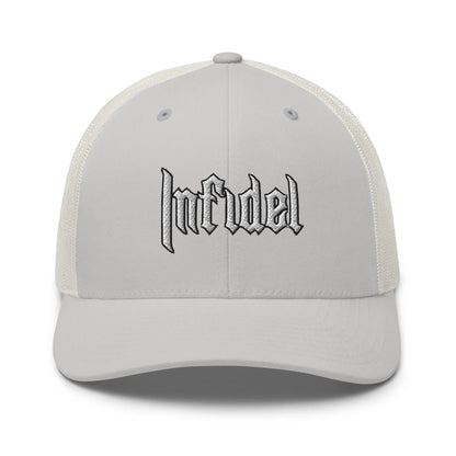 Product mockup of "INFIDEL" cap – Embroidered in white and black stitching on Snapback Mesh Trucker Cap for Men and Women