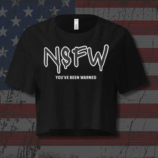 Black crop top with the text "NSFW You've Been Warned" on distressed American flag