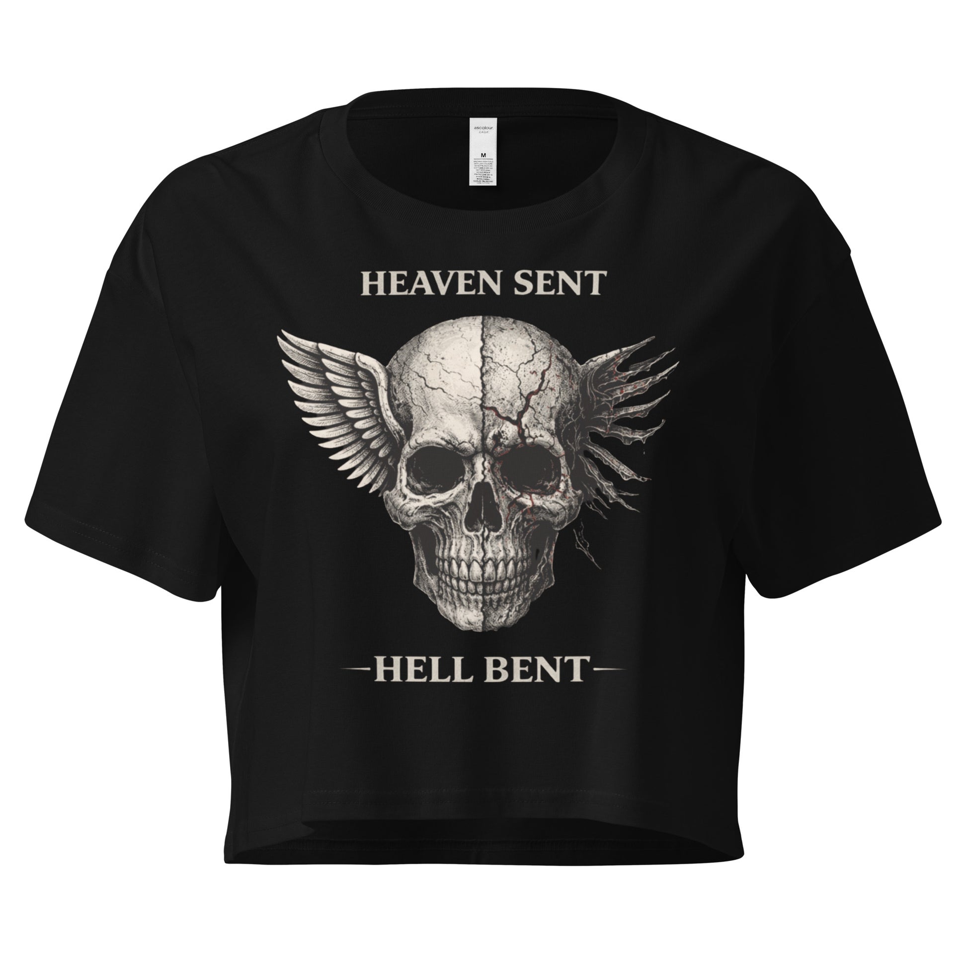 NSFW Crop Top – Heaven Sent Hell Bent Biker Skull Wings Black Shirt for Women  Infidel Collective