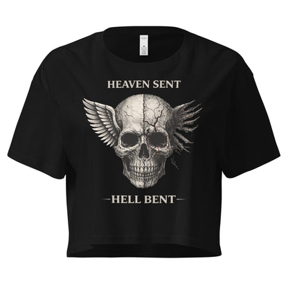 NSFW Crop Top – Heaven Sent Hell Bent Biker Skull Wings Black Shirt for Women  Infidel Collective