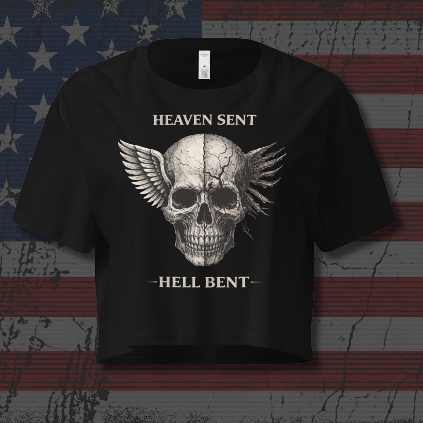 Black t-shirt with a skull design and text 'Heaven Sent, Hell Bent' on an American flag background.