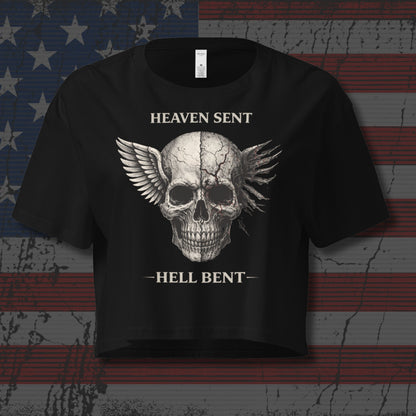 Black t-shirt with a skull design and text 'Heaven Sent, Hell Bent' on an American flag background.