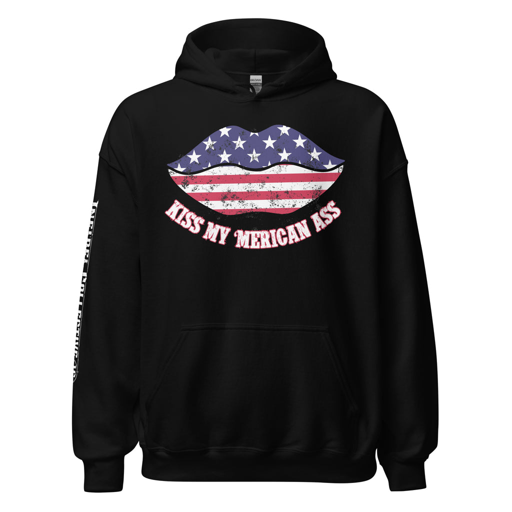 Kiss My Merican Ass women’s front print black hoodie from Infidel Collective