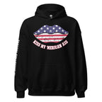 Kiss My Merican Ass women’s front print black hoodie from Infidel Collective