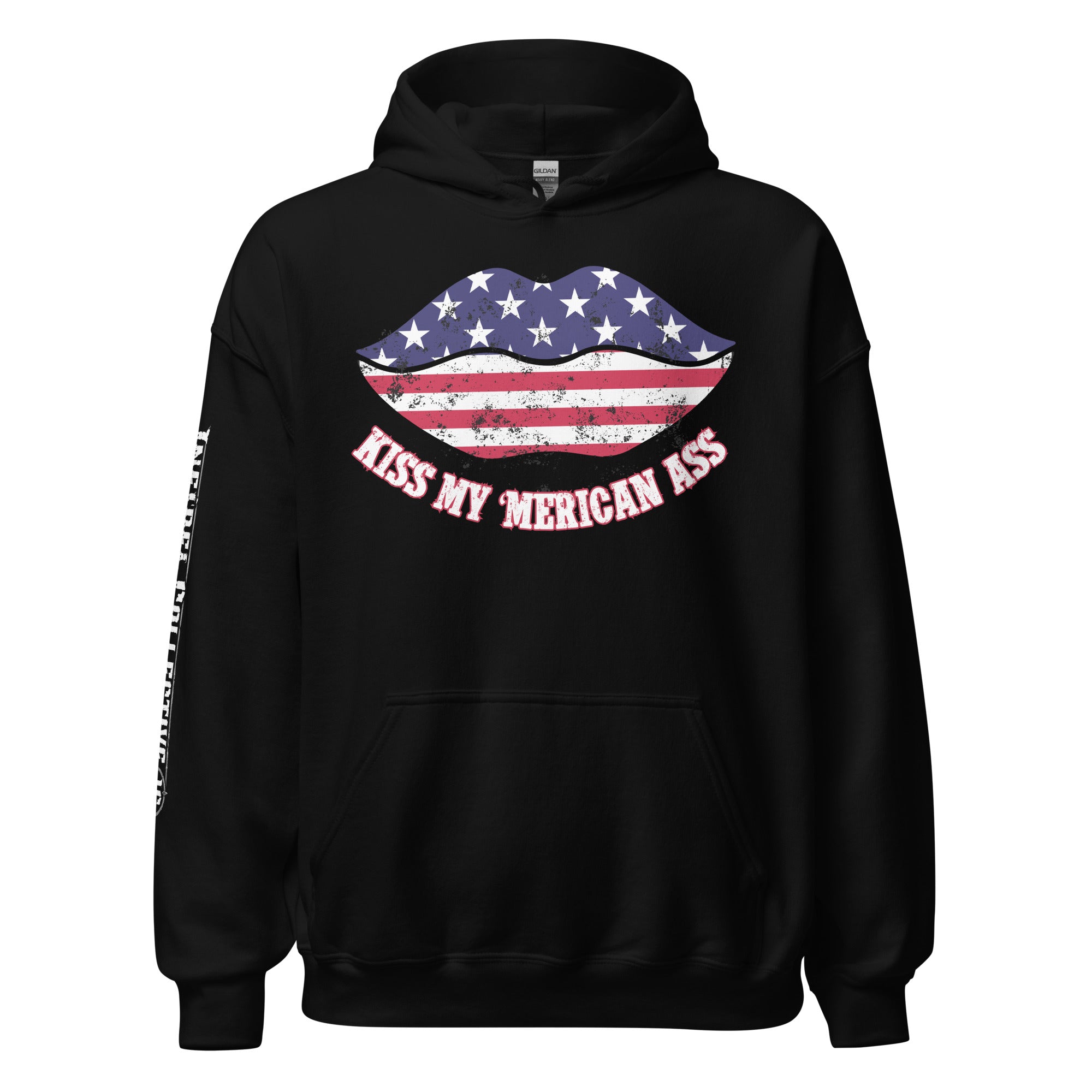 Kiss My Merican Ass women’s front print black hoodie from Infidel Collective