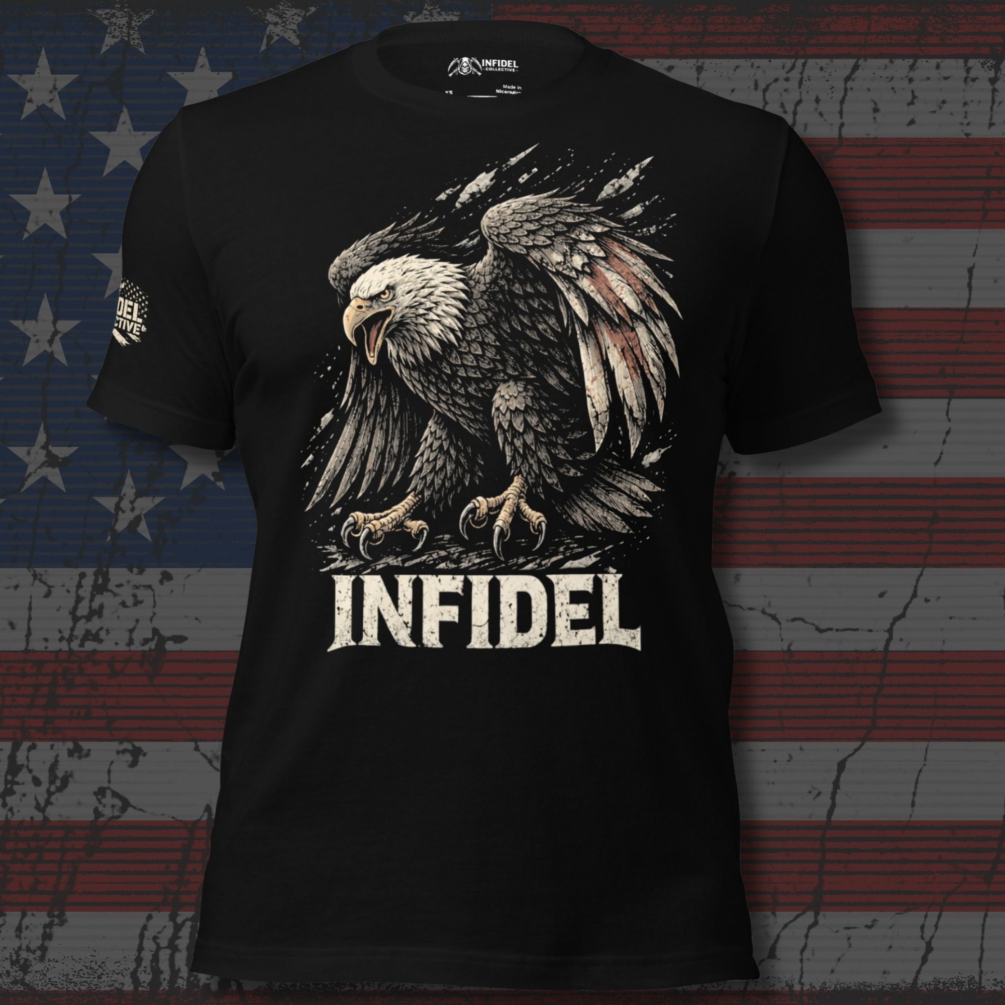 Black t-shirt with an eagle graphic and 'INFIDEL' text on a distressed American flag background