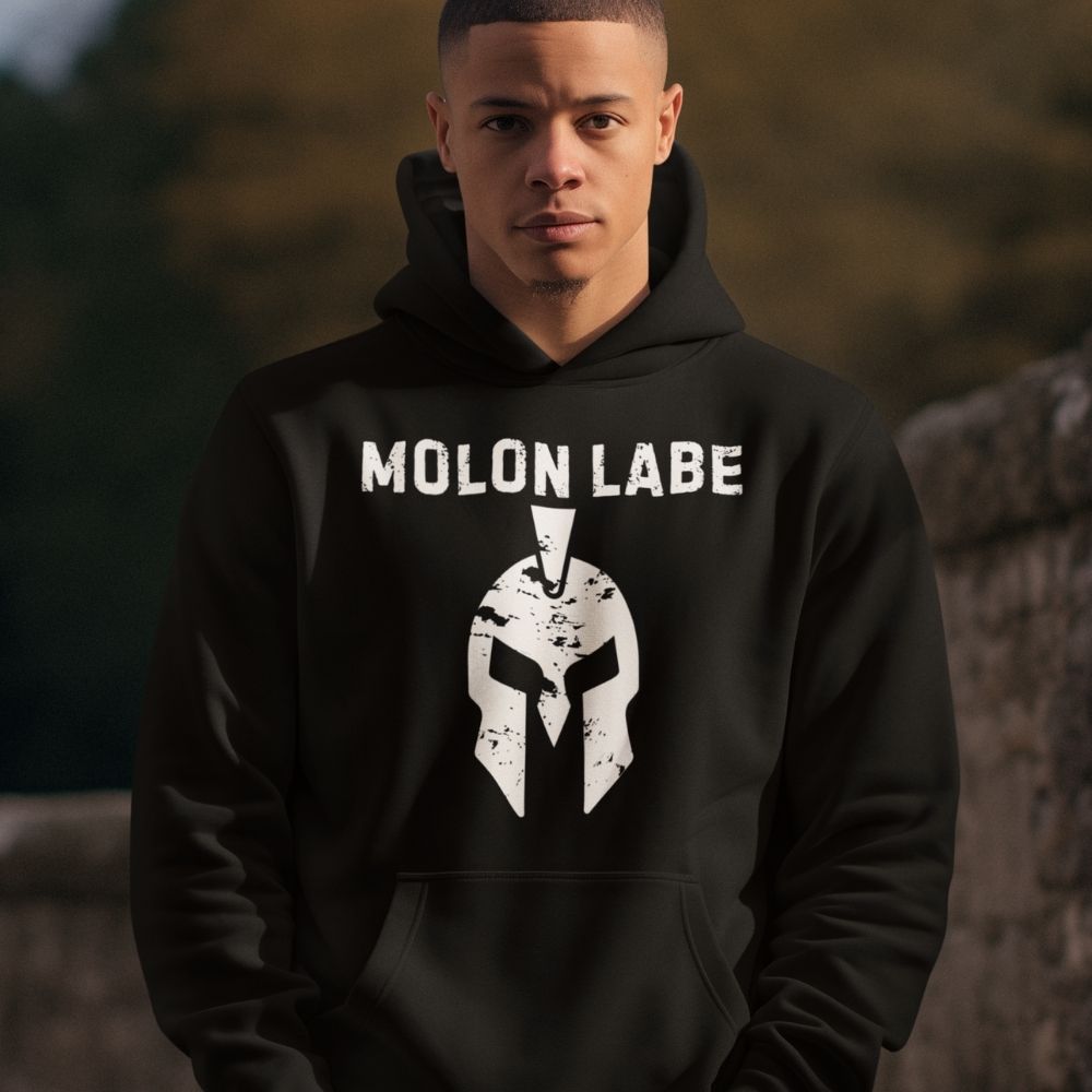 Molon Labe Spartan helmet front print black hoodie from Infidel Collective