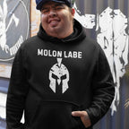 Molon Labe Spartan helmet front print black hoodie from Infidel Collective