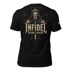 Two sided print Infidel Without Apology death mask iron cross black tee from Infidel Collective