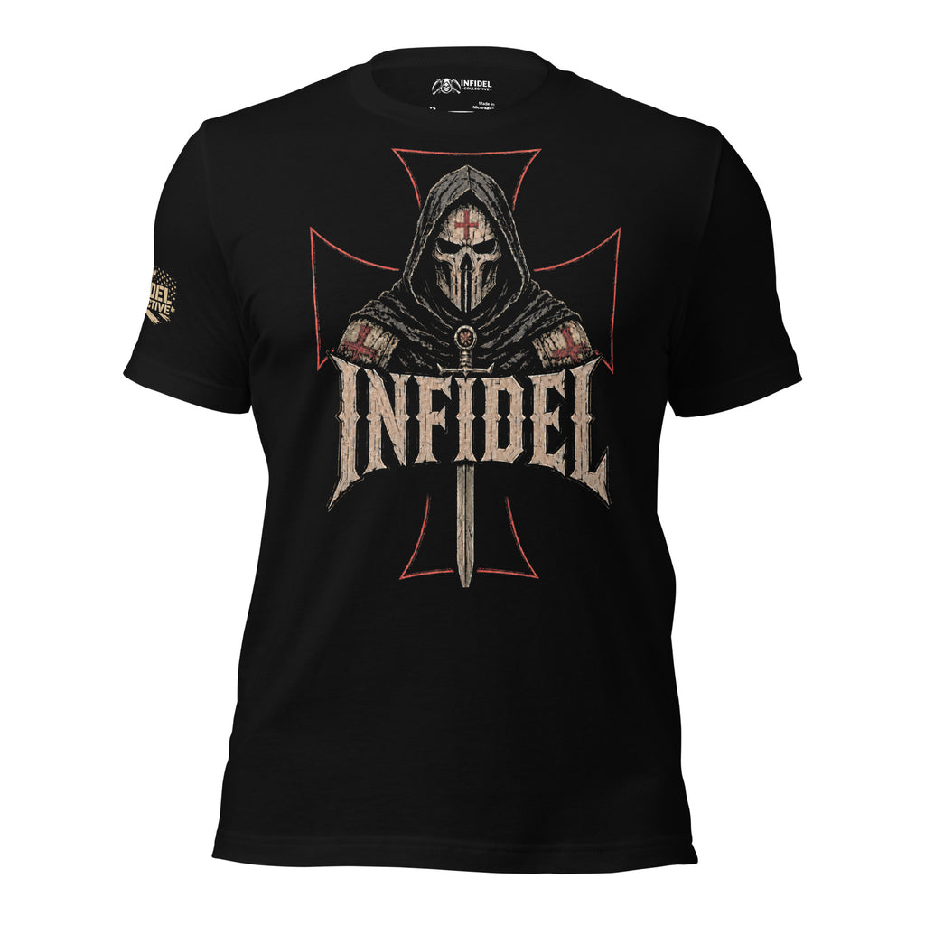 Two sided print Infidel Without Apology death mask iron cross black tee from Infidel Collective