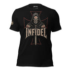 Two sided print Infidel Without Apology death mask iron cross black tee from Infidel Collective