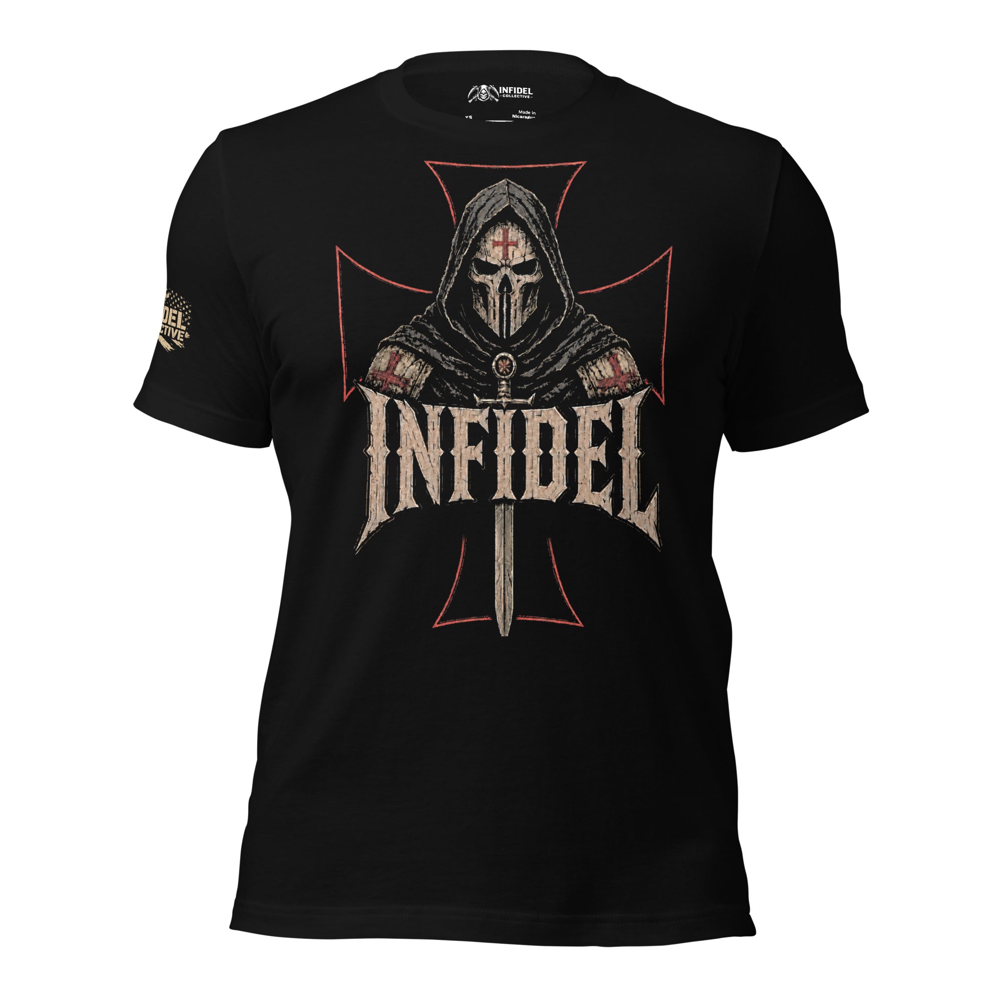 Two sided print Infidel Without Apology death mask iron cross black tee from Infidel Collective