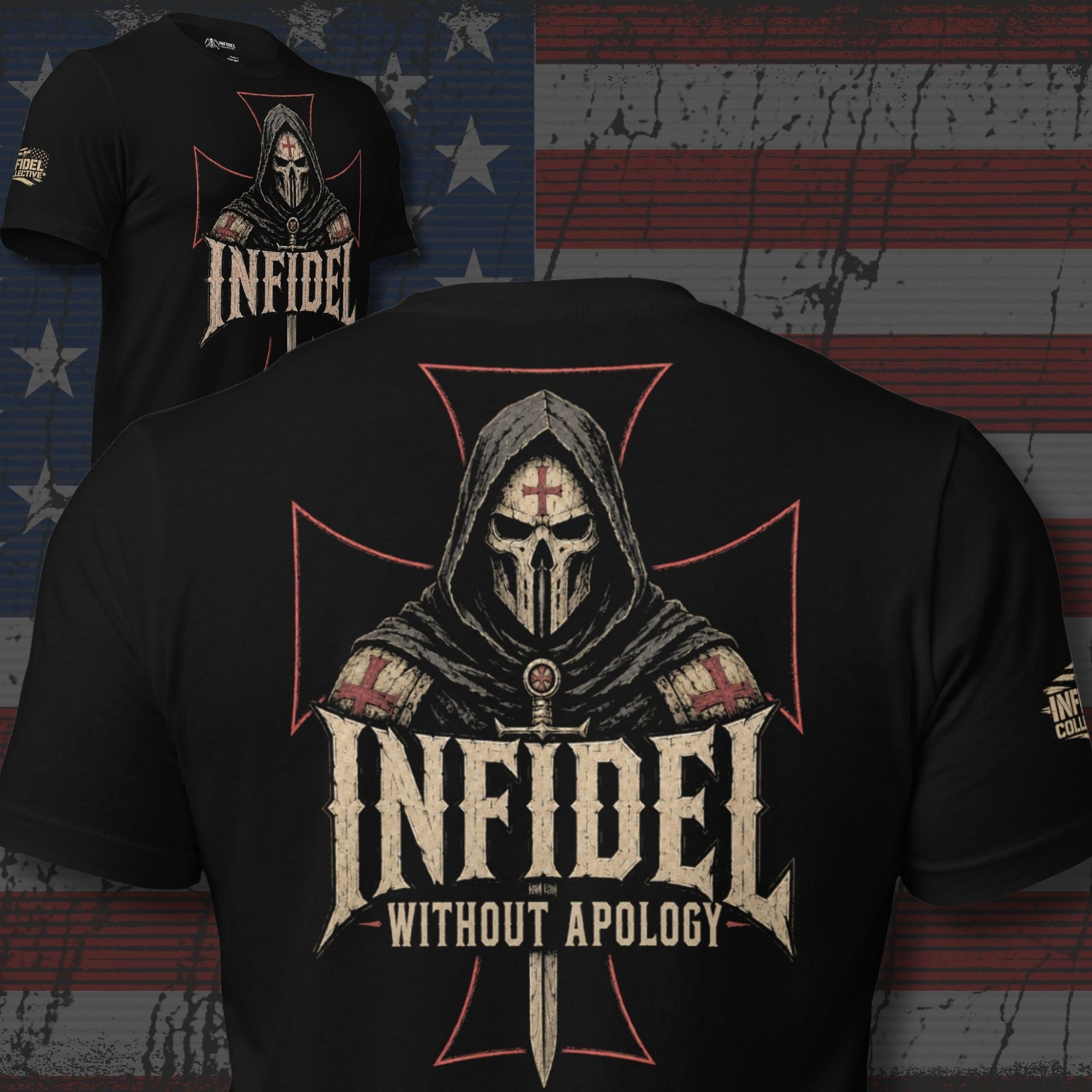 Two sided print Infidel Without Apology death mask iron cross black tee from Infidel Collective