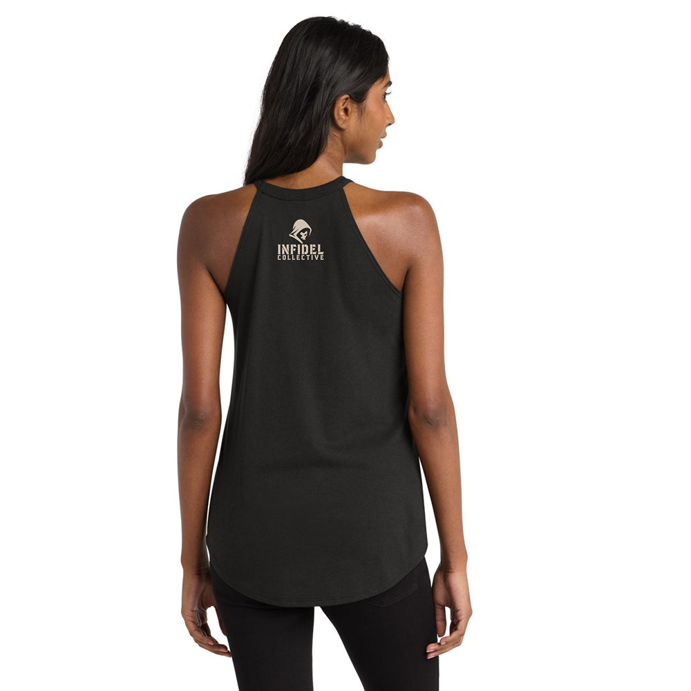 A woman shown from the back wearing a black sleeveless athletic tank top with a small gold and white graphic logo on the upper back, paired with black leggings, against a plain white background.