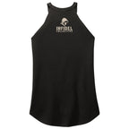 A black sleeveless tank top with a scoop neck, featuring a beige graphic of a hooded skull and the text 'INFIDEL COLLECTIVE' printed on the chest, shown against a plain white background.