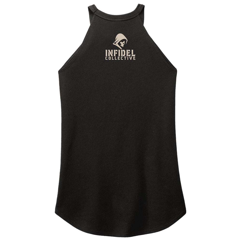 A black sleeveless tank top with a scoop neck, featuring a beige graphic of a hooded skull and the text 'INFIDEL COLLECTIVE' printed on the chest, shown against a plain white background.