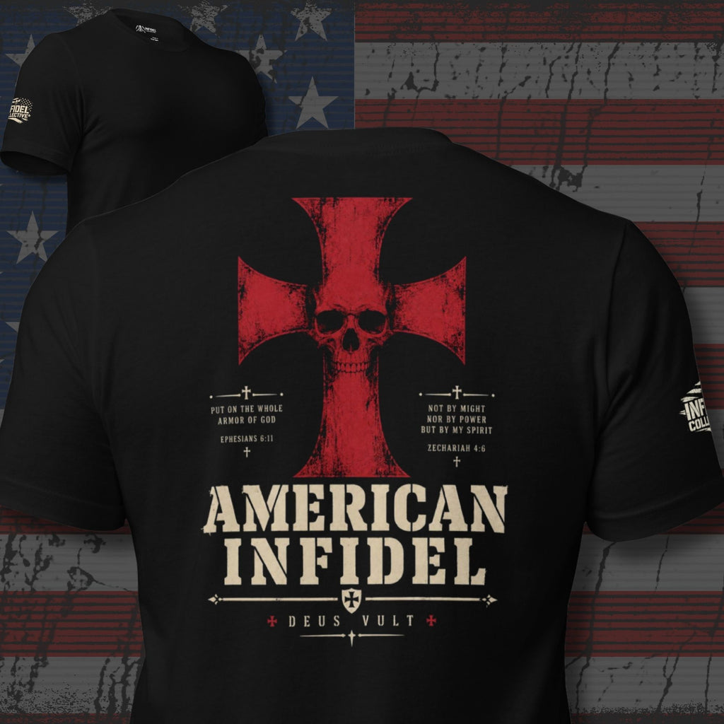 Almighty Wills American Infidel crimson cross back print black tee from Infidel Collective