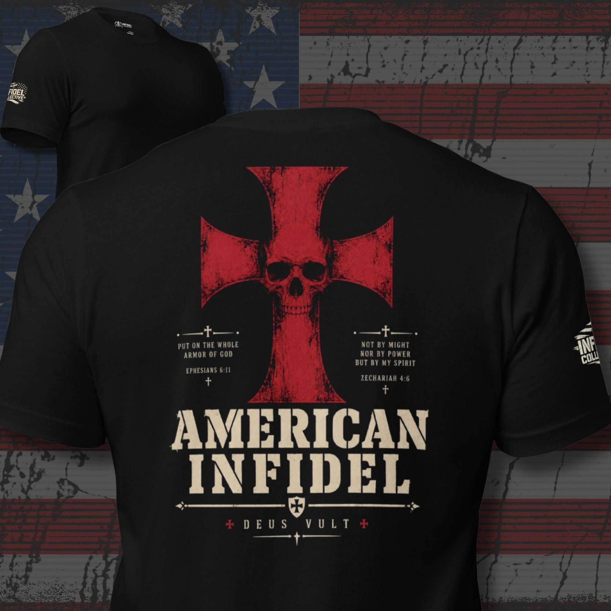 Almighty Wills American Infidel crimson cross back print black tee from Infidel Collective