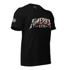 Black front print t-shirt featuring distressed America 1776 lettering with an American flag design integrated into the text