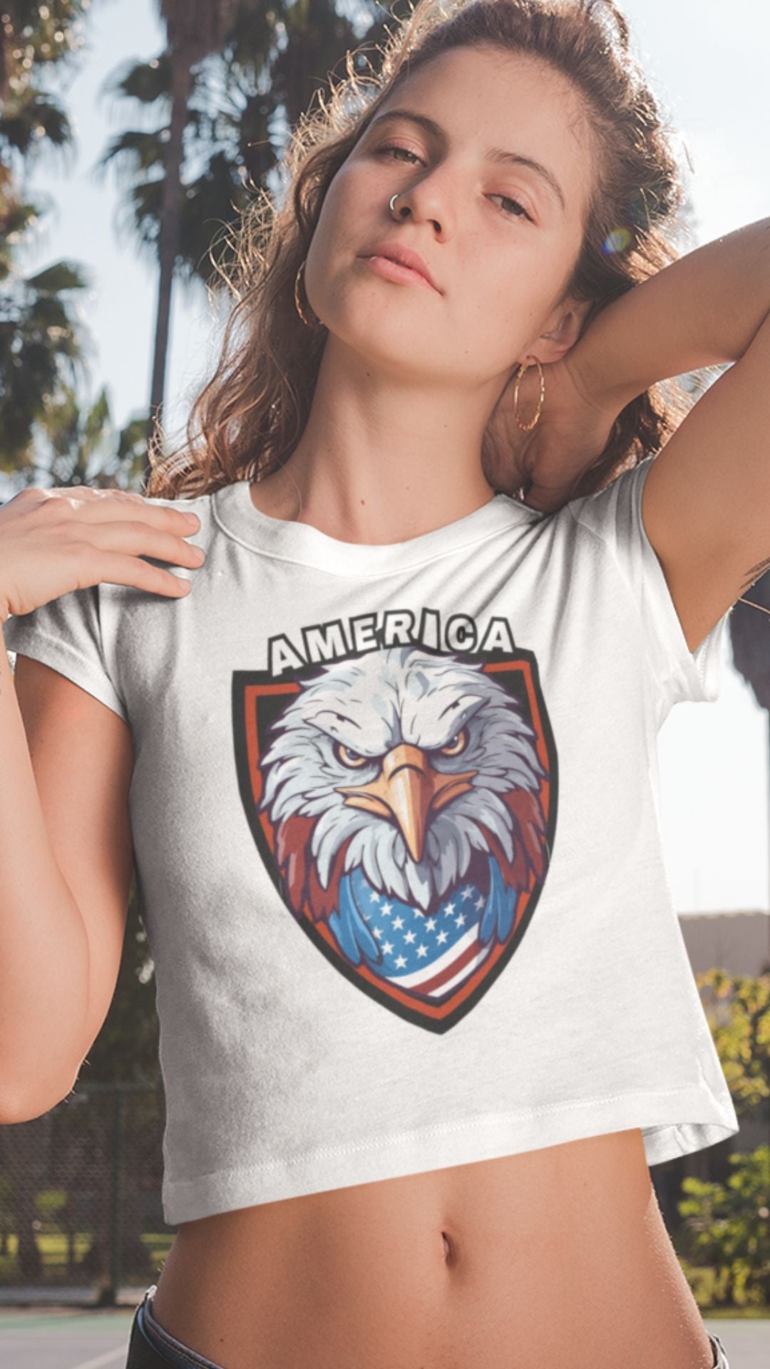 Crop Top  Patriotic Crop Top – America Eagle Crest White Fourth of July Shirt Women Infidel Collective
