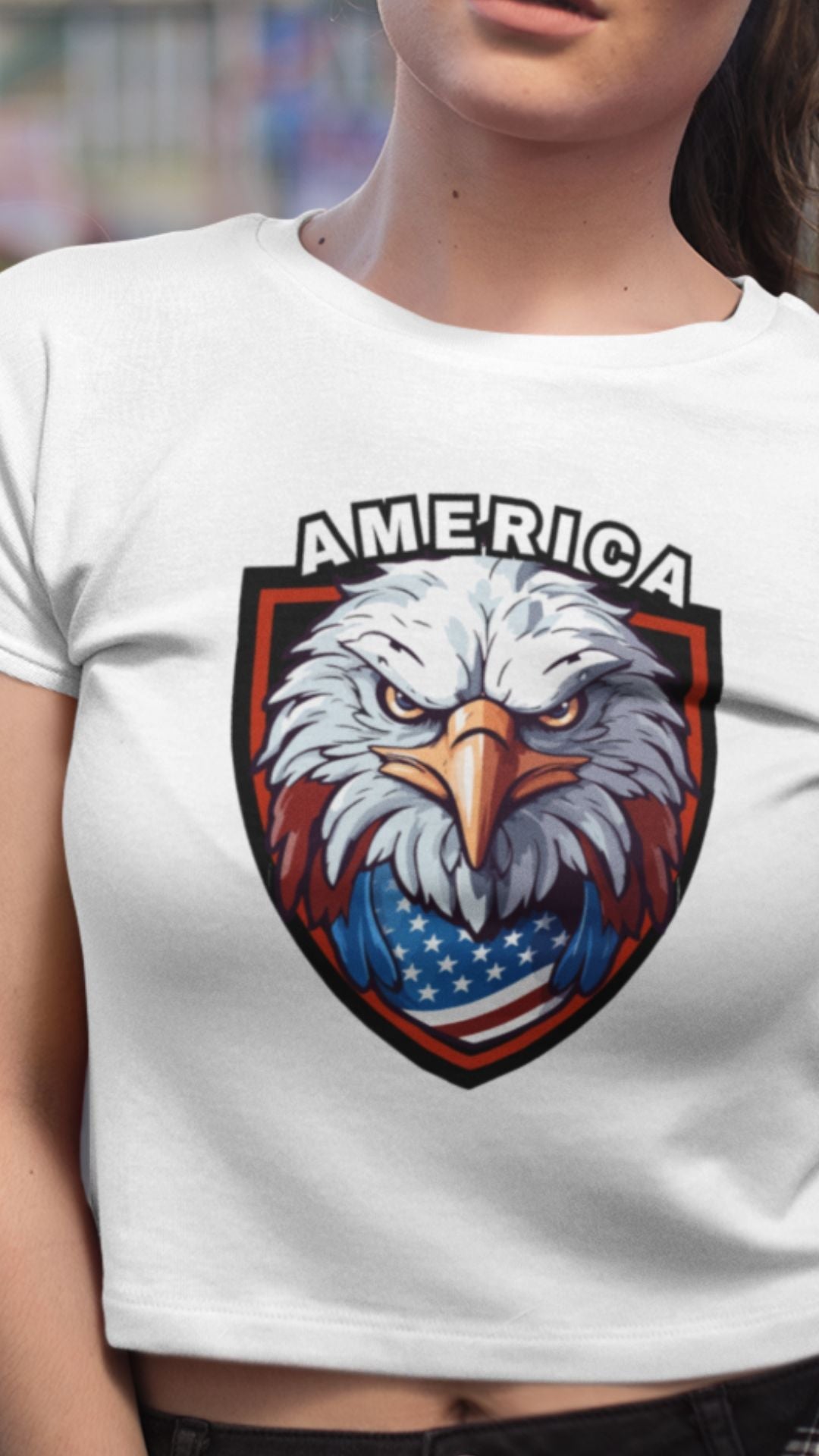 Crop Top  Patriotic Crop Top – America Eagle Crest White Fourth of July Shirt Women Infidel Collective