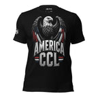 Black t-shirt featuring a large bald eagle with red, white, and blue accented wings above bold America CCL lettering