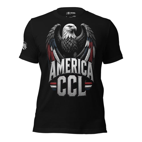 Front view of black tee featuring America First Flight bald eagle over CCL lettering design