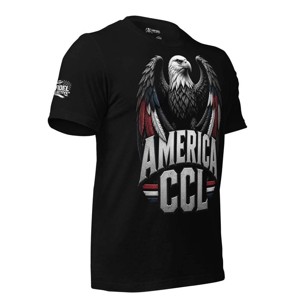 Black t-shirt featuring a large bald eagle with red, white, and blue accented wings above bold America CCL lettering