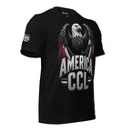 Black t-shirt featuring a large bald eagle with red, white, and blue accented wings above bold America CCL lettering