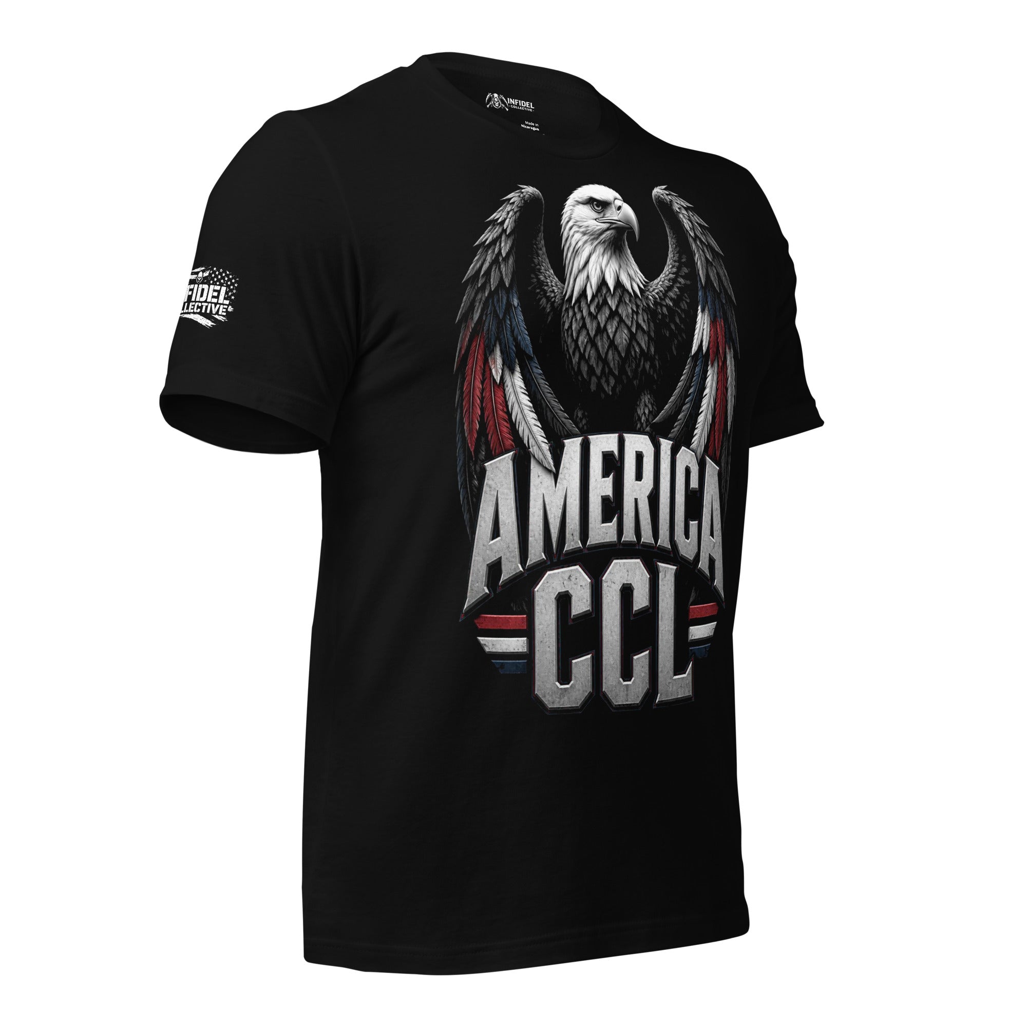Black t-shirt featuring a large bald eagle with red, white, and blue accented wings above bold America CCL lettering