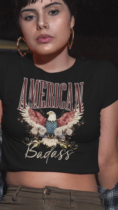 Crop Top  Patriotic Crop Top – American Badass Black Fourth of July Shirt Women Infidel Collective