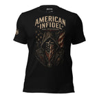 Black American Infidel Born Ungovernable tee with hooded skull figure and distressed American flag front graphic