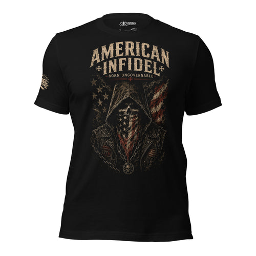 Front view of black tee featuring American Infidel Born Ungovernable hooded flag skull design