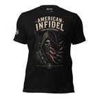 Black American Infidel Born Ungovernable tee with hooded skull figure wearing an American flag face covering front graphic