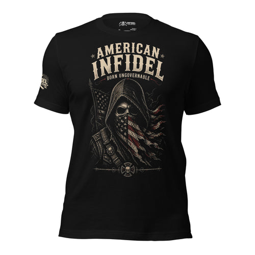 Front view of black tee featuring American Infidel Born Ungovernable hooded patriot reaper design