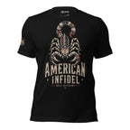 Black American Infidel Built Different tee with American flag scorpion front graphic