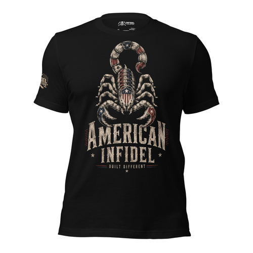 Front view of black tee featuring American Infidel Built Different American flag scorpion design