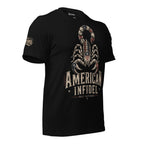 Black American Infidel Built Different tee with American flag scorpion front graphic