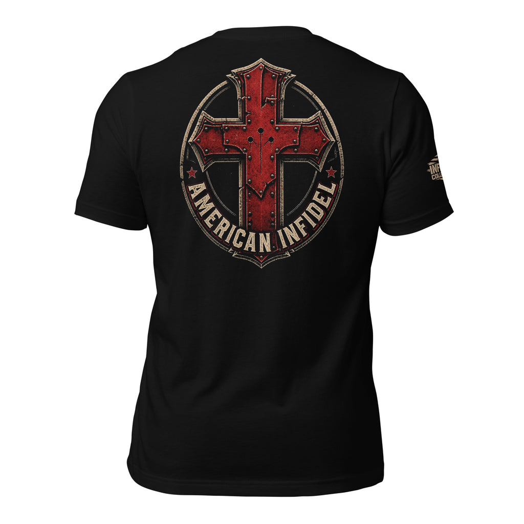 American Infidel crimson cross back print black tee from Infidel Collective