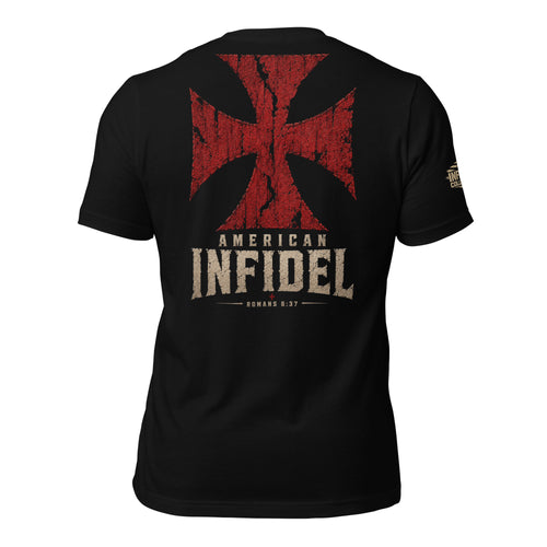 Back view of black tee featuring American Infidel distressed red cross with Romans 8:37 design