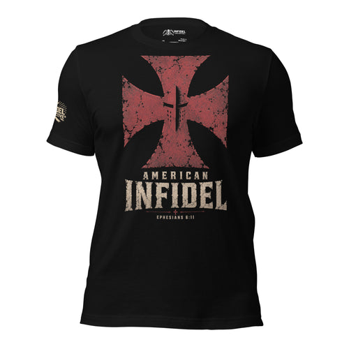 Front view of black tee featuring American Infidel distressed red crucible cross with Ephesians 6:11 design