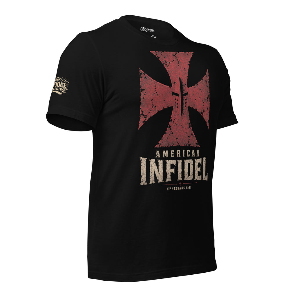 American Infidel red crucible cross graphic black tee from Infidel Collective