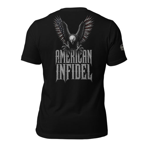 Back view of black tee featuring American Infidel pair of bald eagles attacking with talons out design